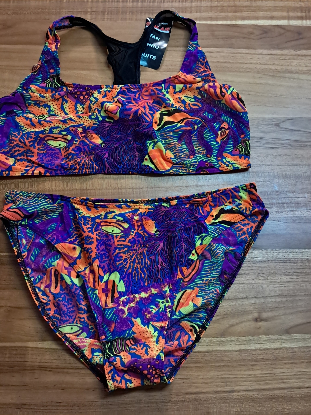 Solar Tan Through Bikini Set Tropical Coral Fish Graphic Racerback Vintage NWT